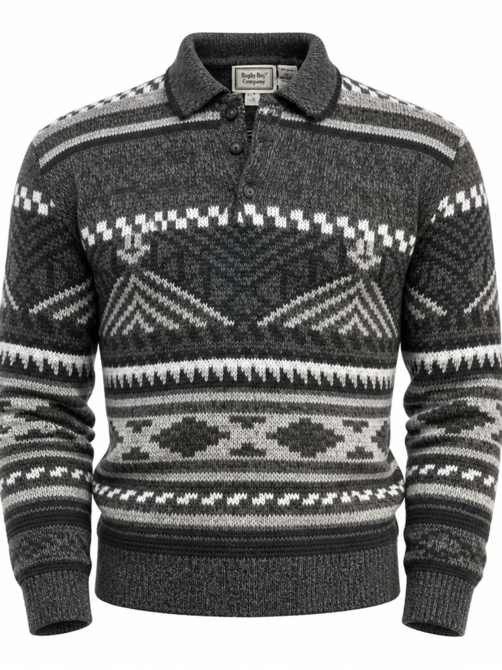 Vintage Bugle Boy Gray and White Patterned Knit Polo Sweater